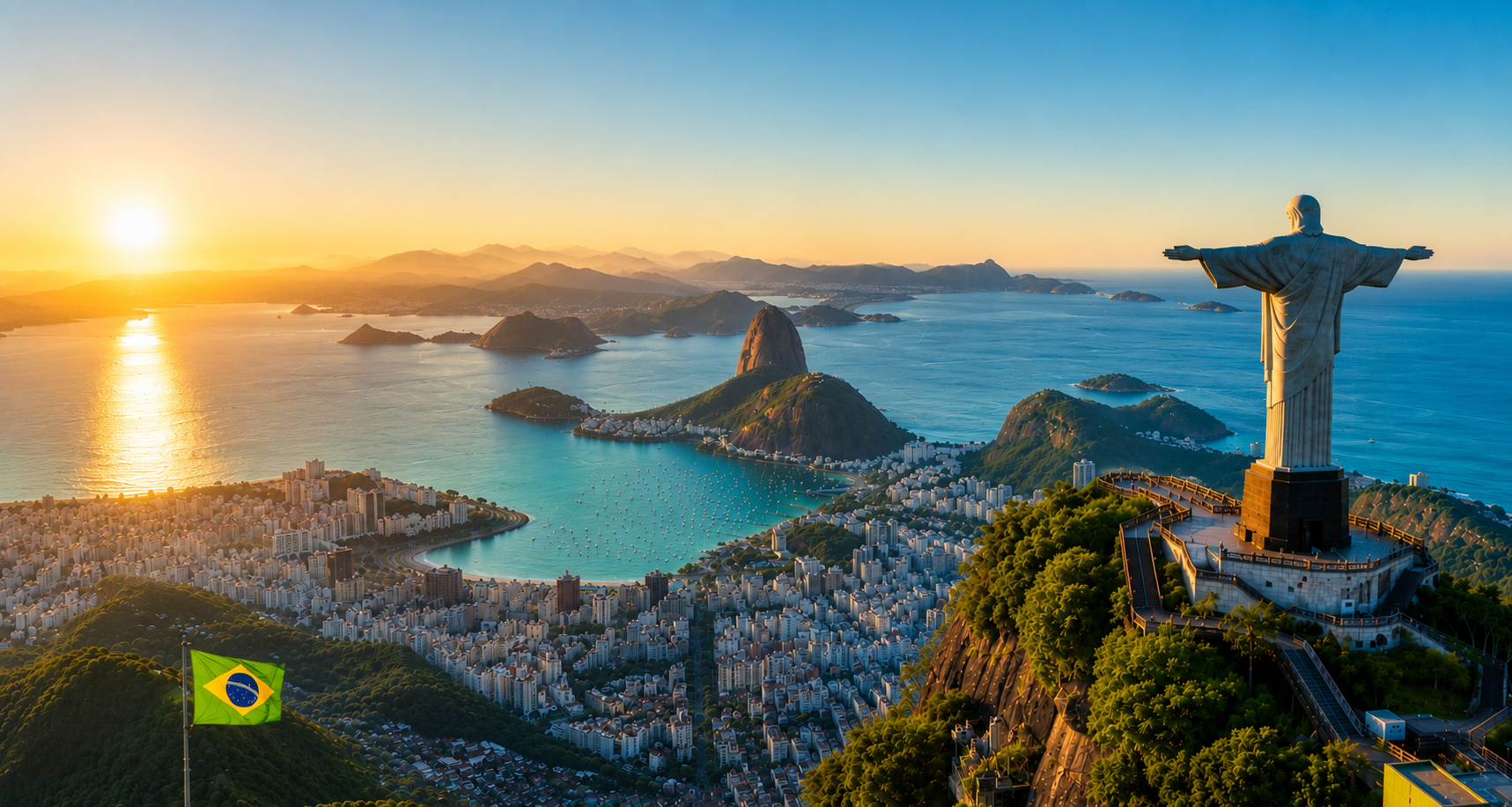 Vista aérea do Rio de Janeiro ao amanhecer, com o Cristo Redentor e a Baía de Guanabara